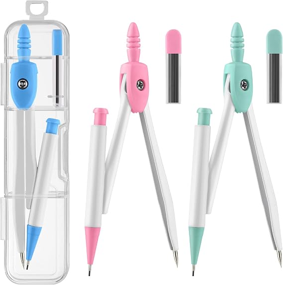 3 Packs Colorful Basic Metal Math Compass for Geometry Set,Extra Leads, Mechanical Pencil Desiged,Drawing Tools Compass for Students School Supplies and Office Supplies (Pink,Blue and Green)