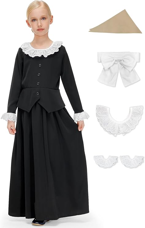 BesserBay Girls 5Pcs Colonial Black Costume Long Sleeve Ruffled Collars Button Dress 6-14 Years