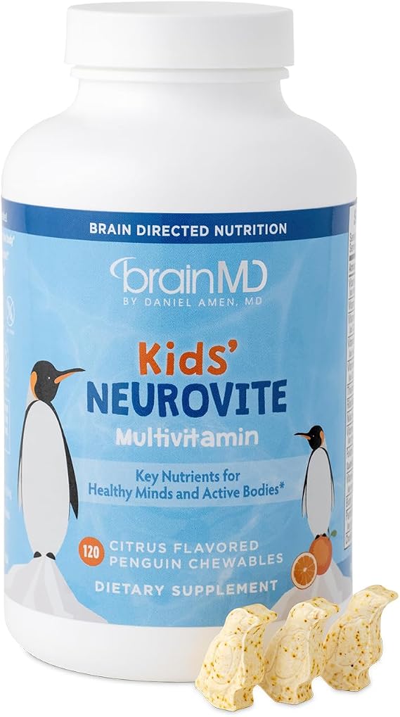 BrainMD Dr Amen Kids NeuroVite, Orange Flavor - 120 Penguin-Shaped Chewables - Multivitamin & Mineral Supplement - Promotes Healthy Development & Growth - Gluten Free - 60 Servings