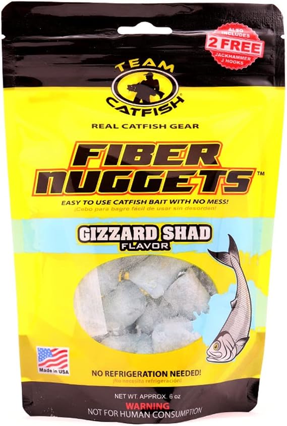 Fiber Nuggets with Fishing Bait Bag & Hooks, Gizzard Shad | 6 oz fiber nuggets, baitfish blood, nightcrawler, gizzard shad, slow-dissolve chum trail, resealable bag, 2 Jackhammer Hooks