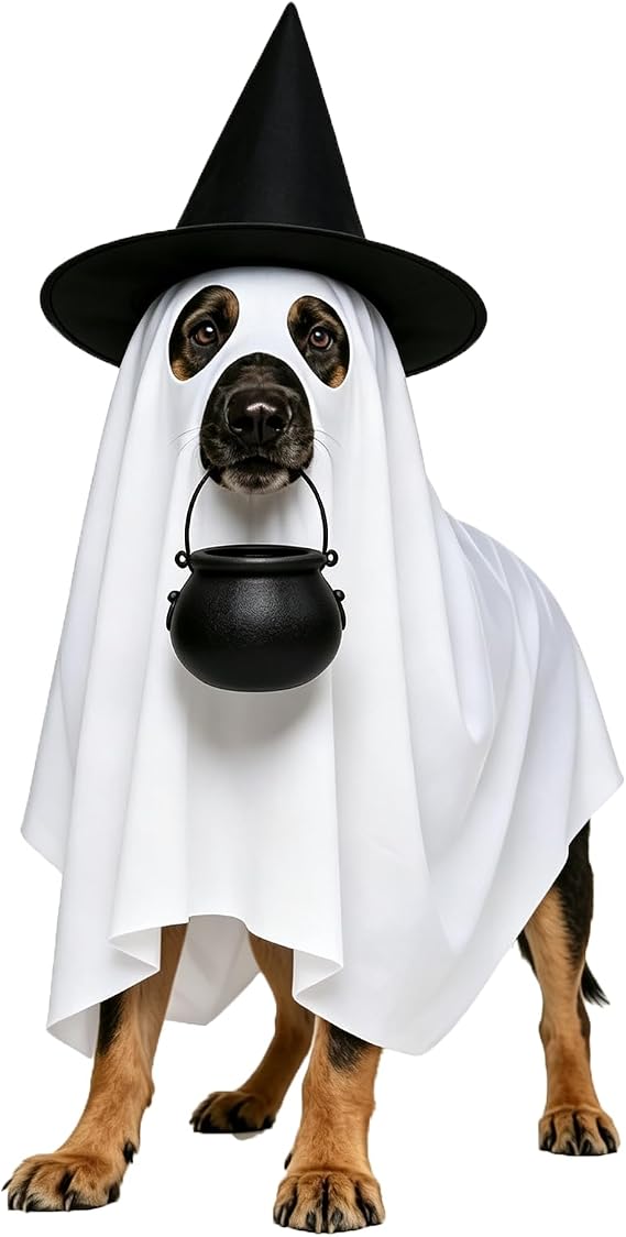 Halloween Dog Ghost Costume Pet Ghost Cape Hat Witch Candy Pot for L XL