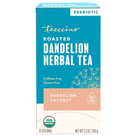Teeccino Dandelion Coconut Tea - Caffeine Free, Roasted Herbal Tea with Prebiotics, 3x More Herbs than Regular Tea Bags, Gluten Free - 25 Tea Bags
