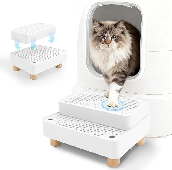 Adjustable Cat Ramp for Litter Box, 2-Step Litter Trapper, White