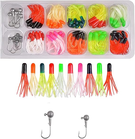 110pcs Soft Crappie Buster Tubes Baits Jig Lead Head Hooks Kit Paddle Tail Swimbaits Worm Grub Tube Lures Jig Head Hooks Outdoor Fishing Tackle Gear Set
