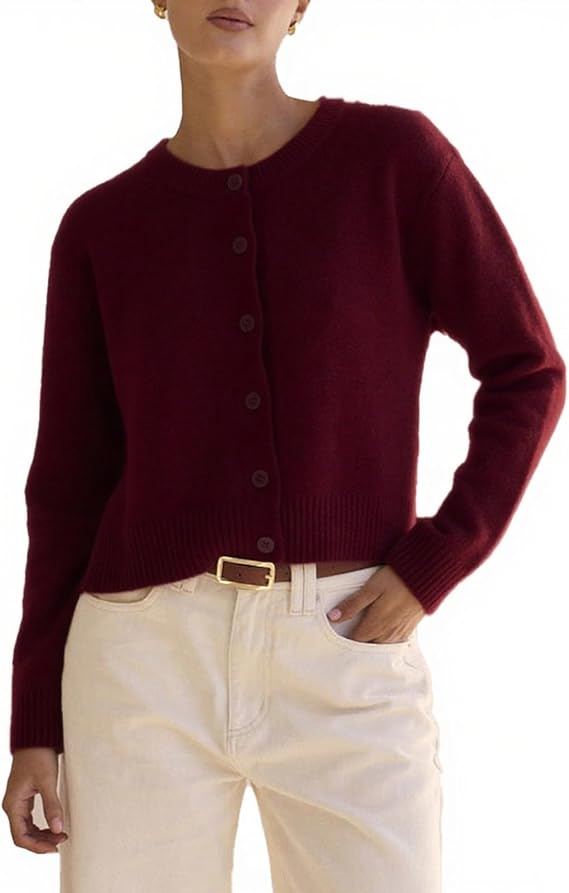 Womens Casual Button Down Knitted Tops Solid Long Sleeve Sweater Cardigans Crew Neck Side Split Fall Tees