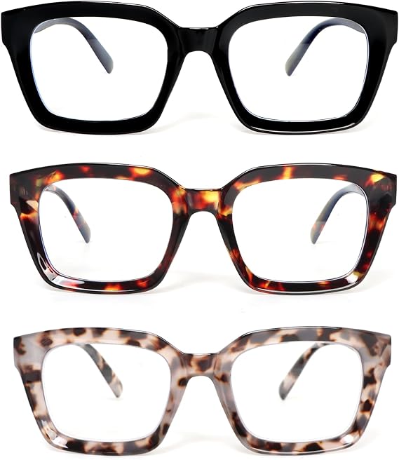 3 Pack Reading Glasses Women Square Blue Light Blocking Oversized Fashion Large Eyeglasses