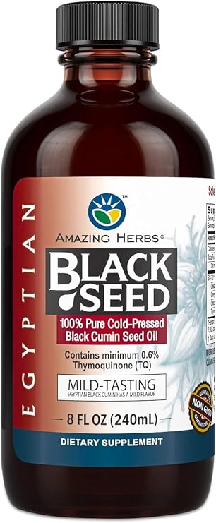 Amazing Herbs Premium Black Seed Oil Liquid - 8 Fl Oz Glass Bottle | Cold Pressed Nigella Sativa, Digestive Health & Brain Function for Adults, Gluten Free, Non GMO