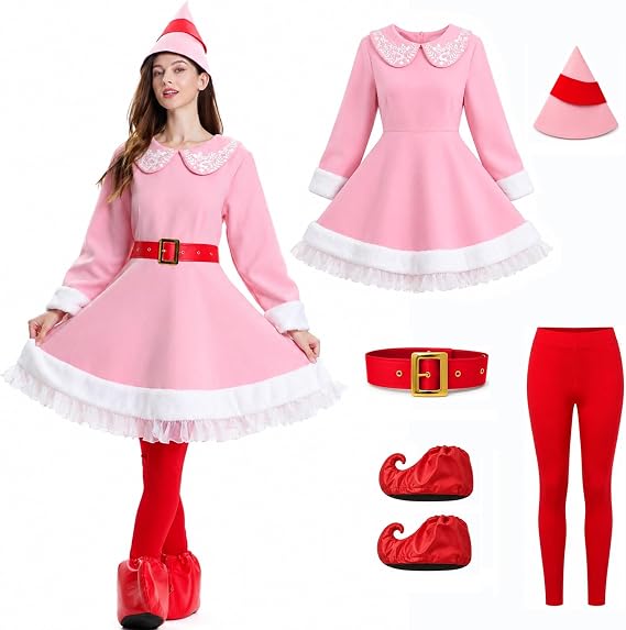 Elf Costume for Women 5pc Christmas Dress Pink Mrs Santa Outfit | Deluxe velvet elves suit adult with hat pants belt boot covers cute xmas party fancy dress holiday cosplay festive