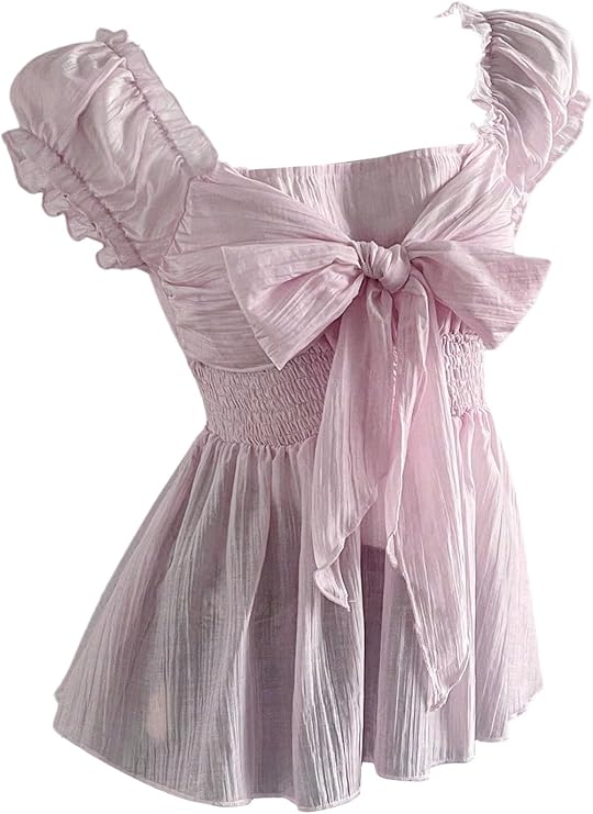 SHENHE Women's Puff Sleeve Tie Bow Smocked Chiffon Peplum Blouse