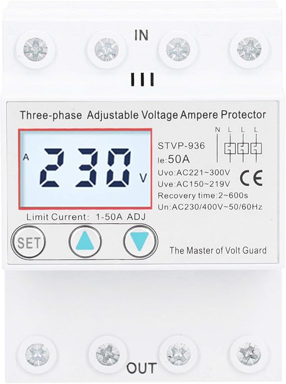 Walfront STVP-936 3-Phase Voltage Protector LCD Adjustable Self-Resetting 230V/400V AC 50A