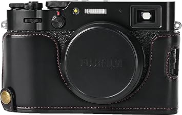 X100 Case, BMAOLLONGB Handmade PU Leather Half Camera Case Bag Cover Bottom Opening Version for Fujifilm X100 with Hand Strap Black