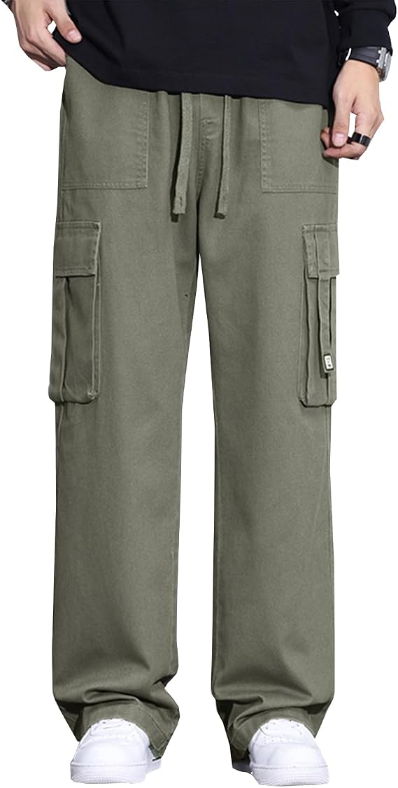 Viatabuna Mens Cargo Pants Drawstring Elastic Waist Y2k Baggy Pants Loose Fit Pull On Cargo Pants with Multiple Pockets