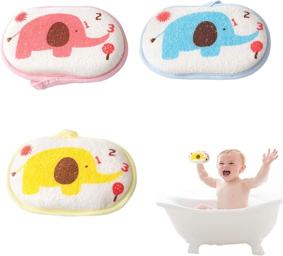 Joyzz Baby Bath Sponge Set, 3PCS Baby Bath Sponge, Soft Baby Shower Sponge with Pure Cotton, Cartoon Animal Baby Bath Sponge for Sensitive Skin