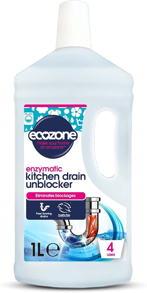 Ecozone Kitchen Drain Unblocker, Non-Toxic & Bleach-Free, Non Corrosive Cleaner, Enzyme Solution Breaks Down Soap Grease & Organic Blockages in Plug Holes, Septic Tank Safe & Vegan Friendly (1L)
