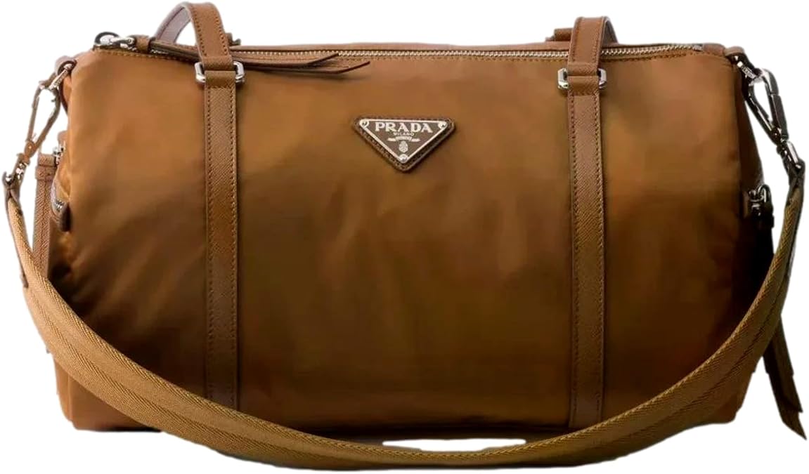 Prada Brown Re-Nylon Saffiano Leather Small Duffel Bag Shoulder Strap New