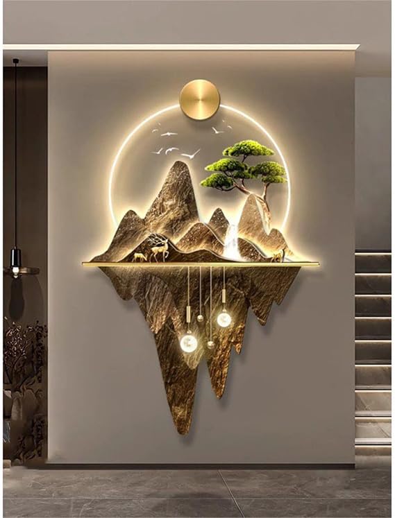 Entrance Foyer Acrylic Wall Art Decoration Painting Landscape with Lights, 3D Wall Sculptures Painting Hanging Artwork Wall Art with Led Light, Bedroom Sofa Background Living Wall Decor,01,150*100cm