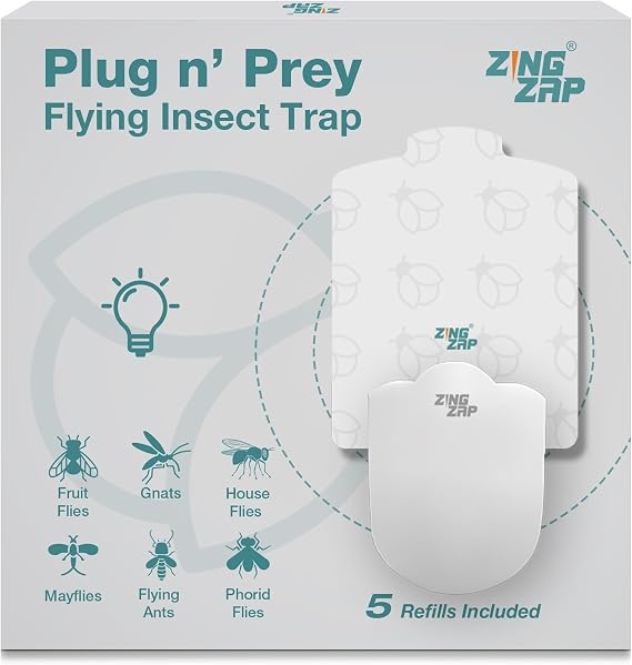 ZingZap Flying Insect Trap Indoor, Plug & Prey Dual-Baiting Fly Traps with Blue Light, 2X More Effective Catch, House Flies, Gnats, Moths, Base Plug & 5 Cartridges