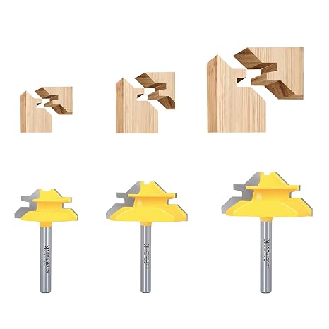 45 Degree Lock Miter Router Bit 3-Piece Set, for 12, 58, 34 Cutting Height.14 Inch Shank .Woodworking Tools Joint Router Bits Easy to Create Lock Miter Joint
