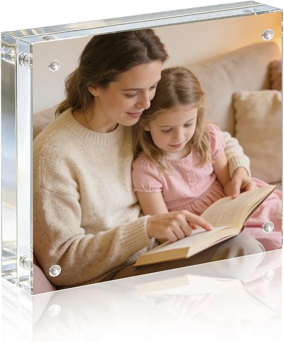 Acrylic Frame, 4x4 Picture Frame 1 Pack, 20MM Thicker Block, Double Sided Magnetic Clear Freestanding Photo Frame for Desk or Tabletop Display