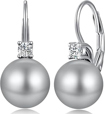 925 Sterling Silver Pearl Leverback Earrings for Women Cubic Zirconia Pearl Jewelry 10MM
