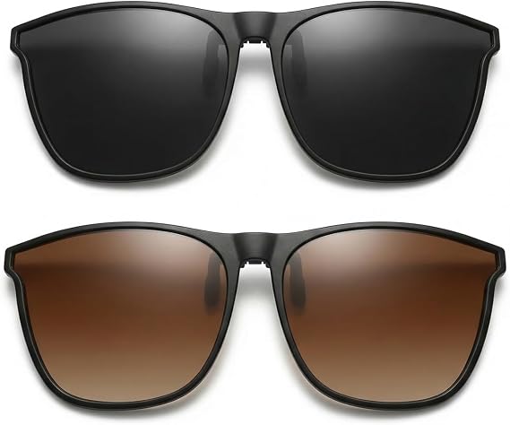 2 PCS Sunglasses Clip for Glasses, Super Light Clip On Sunglasses for Men and Women, Anti Glare UV 400 Protection Sunglasses for Driving Fishing Hiking Outdoor Use, Black and Brown