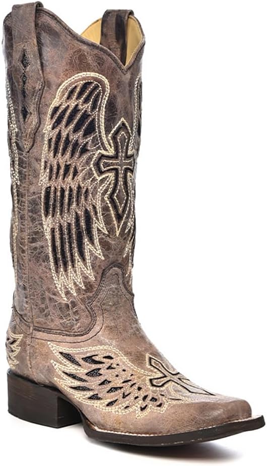 Corral Boots Women's Black Handcrafted Cowboy Boots | Square Toe Western Boots with Glitter Cross Wings Embroidered Design