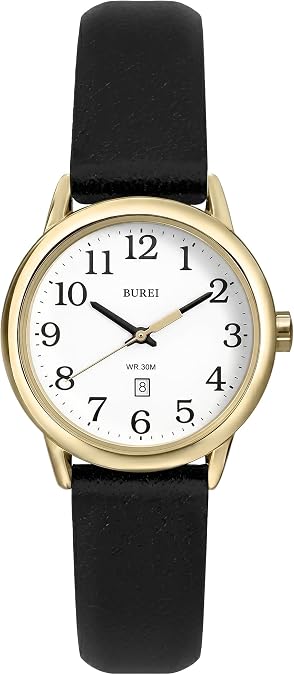 BUREI Women's Black Leather Watches,Easy to Read Minimalist Watch for Women and Nurses, Gift for Her (Black Gold)