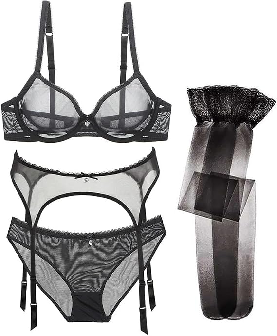 Women's Sexy Lingerie Set with Garter Belt Stocking See Through Matching Bra and Panty 4 Piece