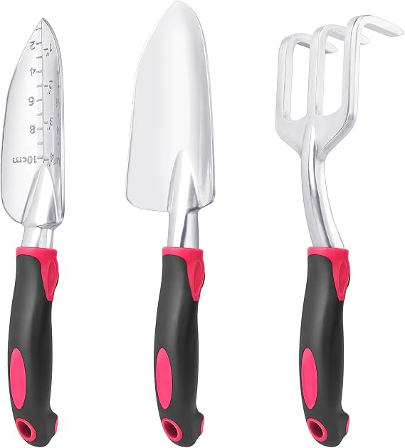 Garden Tools Set, 3 Pack Heavy Duty Gardening Tools Set Include Garden Shovel, Transplant Trowel and Hand Rake with Ergonomic Handle, Aluminum Alloy Lawn for Planting Tools, Red