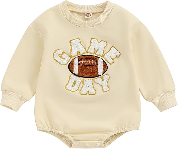 FIOMVA Baby Football Outfits Girl Boy Embroidered Football Sweatshirt Romper Long Sleeve Bubble Romper Fall Sweater Onesie
