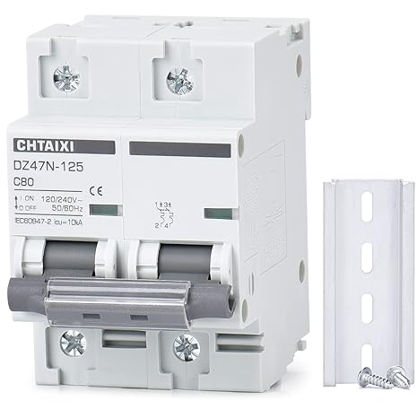 AC Miniature Circuit Breaker, 80 Amp 120V/240V 2 Pole DIN Rail Mount Circuit Breaker, Thermal Magnetic Trip, Solar AC Disconnect Switch MCB 2P C80
