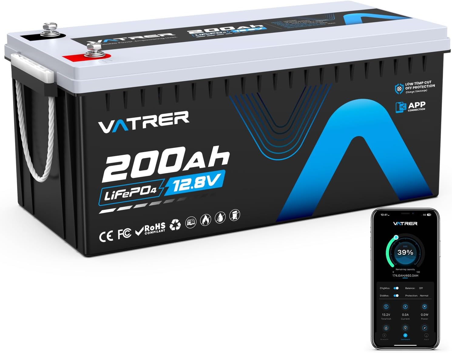 LiFePO4 12 V 200 Ah Bluetooth Lithium Battery with 200 A BMS 5000 Cycles Lithium Battery 2560 W Low Temperature Shutdown Protection Perfect for Motorhome Solar & Off-Grid Applications