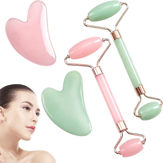 2 PCS Jade Roller and Gua Sha Set,Rose Quartz Roller and Gua Sha Stone,Face Roller Jade Roller for Women,Massage Tool for Face, Neck and Body Muscle Relaxing,Relieve Facial Tension(Pink,Green)
