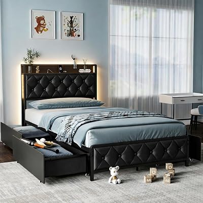 Twin Bed Frame with Button Headboard, PU Leather, All-Metal Support Platform LED Light Strip Twin Bed with Storage and Outlets, Easy to Install, Stable, Noise-Free Black