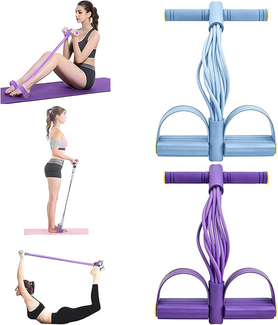 2Pcs Foot Pedal Resistance Band with Handle, 8-Tube Elastic Resistance Band with Pedal Puller, Abdominal Trainer Resistance Band, Sit Up Exercise Equipment for Home Abdomen/Arm/Leg Use