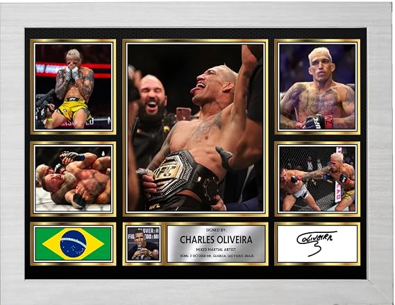Charles Oliveira Signed Autograph Photograph Display - Perfect for MMA Fans, A2 Poster + White Frame - Limited Edition Autograph Fan Gift – Collectible Memorabilia Merchandise