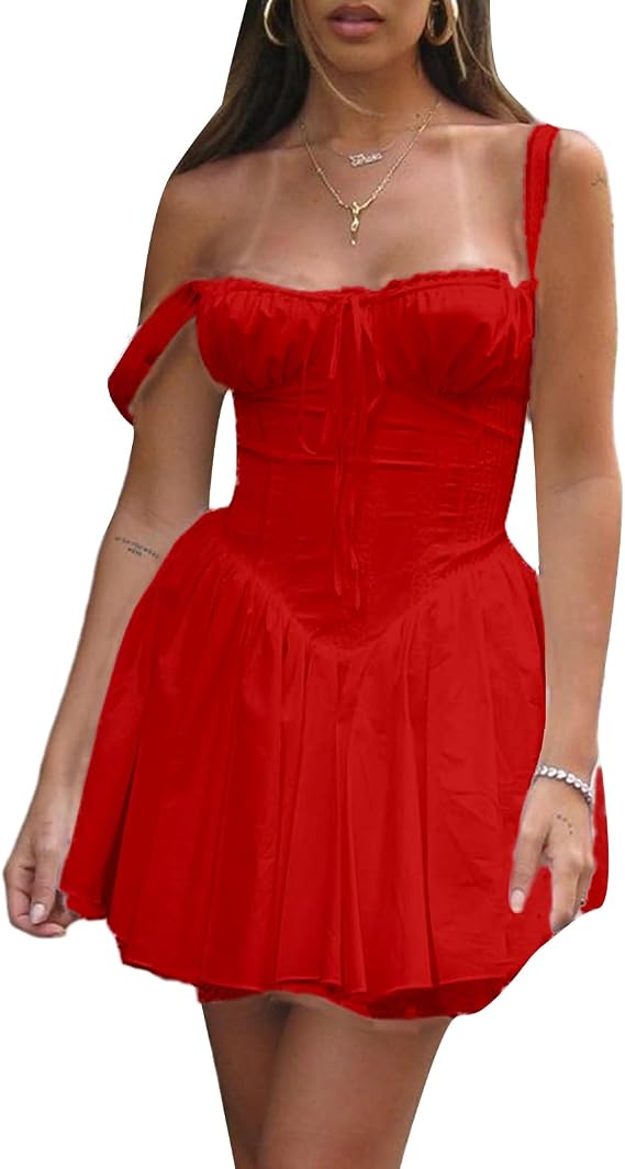 Piacakece Women Cute Puffy Dress Printed Bell Sleeve Square Neck Mesh Ruffle Bubble Dress