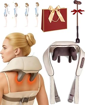 Neck and Shoulder Massager with Heat, 6d Kneading Shiatsu Neck and Back Massager for Pain Relief Deep Tissue with Heat, Massager for Shoulder Pain, Portable Rechargeable(Coffee)
