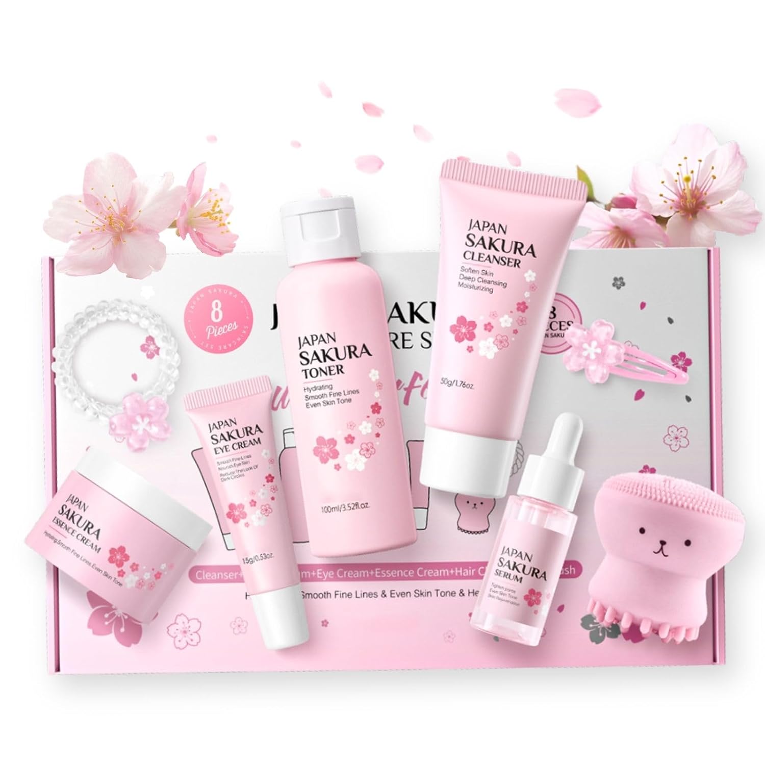 Sakura Moisturizing Gift Set Women Cleaning & Care Beauty Set for Teenagers Girls and Women 8-Piece Skincare Set with Cleanser Toner Face Serum Cream Eye Cream Face Brush Hair Accessories