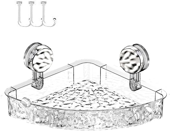 Suction Cup Corner Shower Shelf Corrugated Holder, Organizer with 3 Hooks No-Drill Bathroom Suction Storage Box for Kitchen Bathroom Hotel