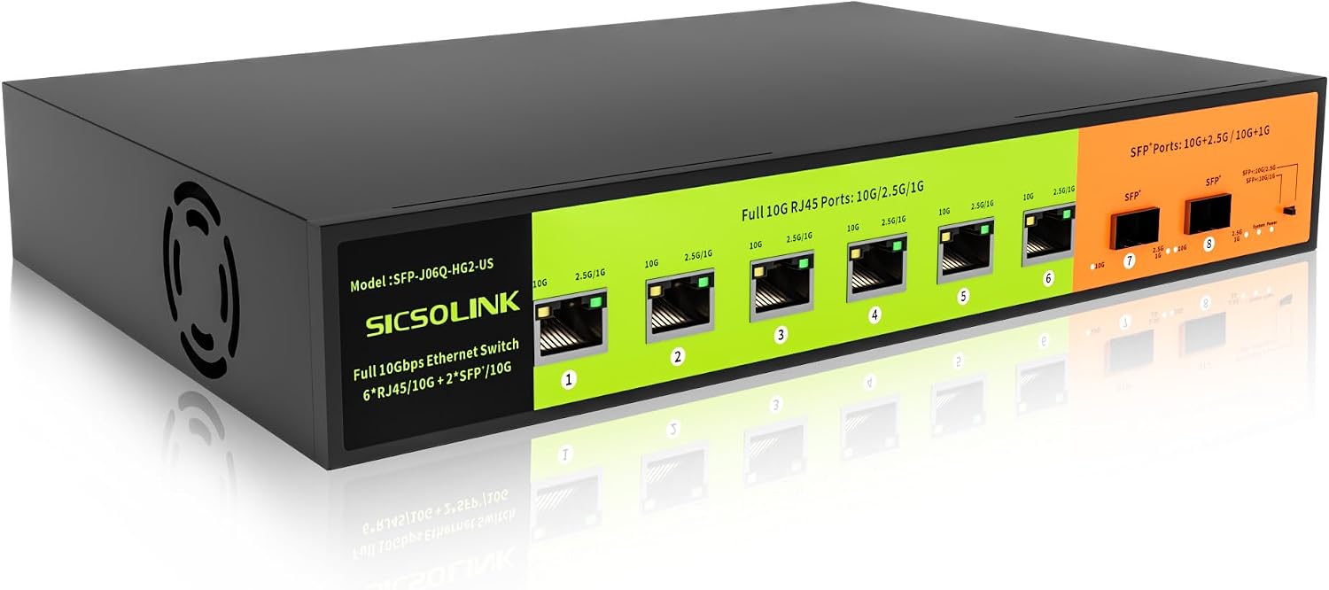 8 Port 10G Ethernet Switch Unmanaged,with 6*10gb RJ45 Ports,2*10gb SFP+ Ports,10Gbps Network Switch，Desktop or 19-inch Rack Mount,Plug and Play Suitable for 10G NAS,WiFi 7 Router and Gaming PC.