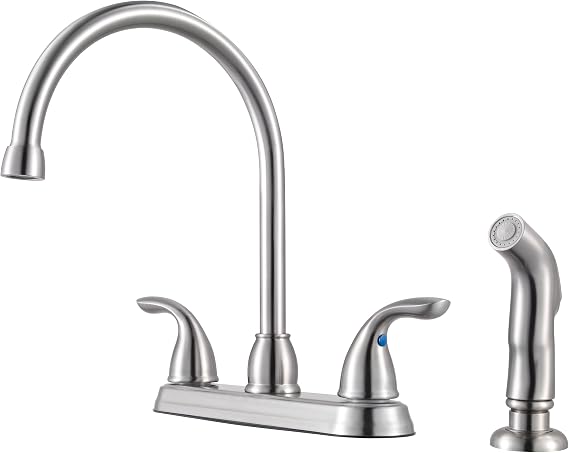Pfister Pfirst Series 2-Handle High Arc Kitchen Sink Faucet with Side Sprayer, Stainless Steel Finish, 4 Hole Installation, Ceramic Disc Valve Technology, 360 Degree Swivel G136500S