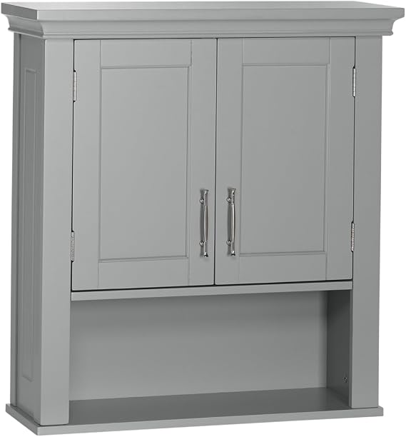 RiverRidge Somerset Two-Door Bathroom Storage, Gray Wall Cabinet, Grey, Set 1 | Open Display Shelf, Adjustable Interior Shelf, Two-Tone Handles, Space-Saving, Laundry Storage