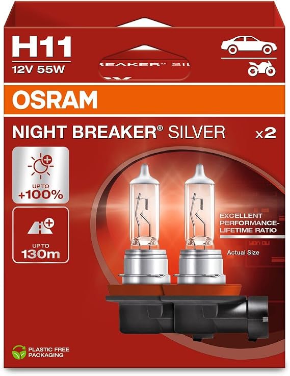 OSRAM Night Breaker Silver H11, +100% More Brightness, Halogen Headlight Bulb, 64211NBS-2HB, 12 V Car, Hanging Box (2 Lamps)