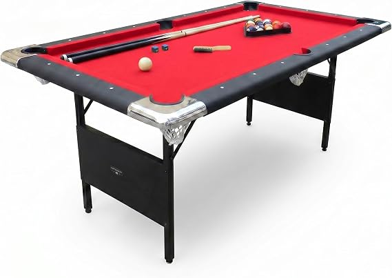 Hathaway Fairmont 6 Ft Portable Pool Table with Foldable Steel Legs for Easy Storage Compact Billiard Table Billiard Balls Set, 2 Cues, Chalk, Triangle, Carrying Bag Black with Red Felt