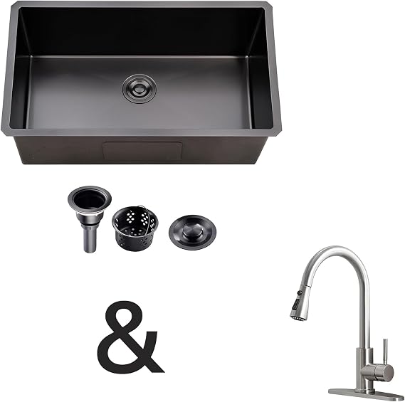 28 Inch Black Undermount Kitchen Sink and Black Kitchen Faucet Pull Out
