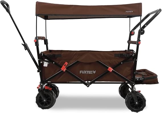 FUXTEC CTB800 Foldable Beach Wagon BROWN- Versatile Beach Trolley with Canopy | Extra Wide Wheels for Sand | Push Handle, Interior Extension | Parking Brake | Multi-Purpose Utility Cart - The Original