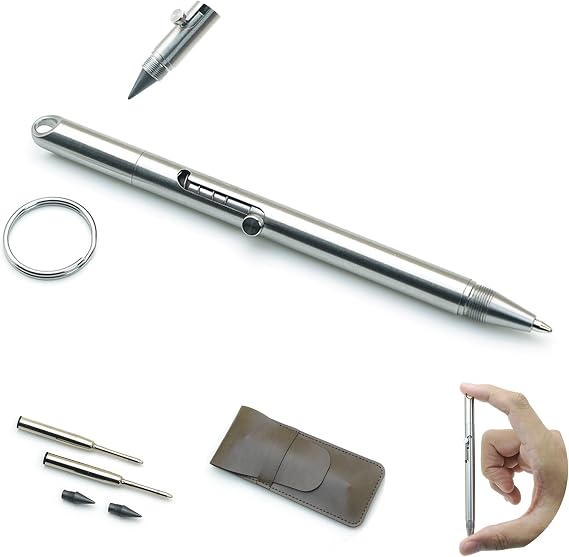 Mini 2 in 1 Bolt Action Pen, Pocket Size EDC Pen with Pencil Tip & Keychain, Stainless Steel Mini Pen for Writing & Sketching, Includes 2 Spare Refills, 2 Pencil Tips & Gift Pouch
