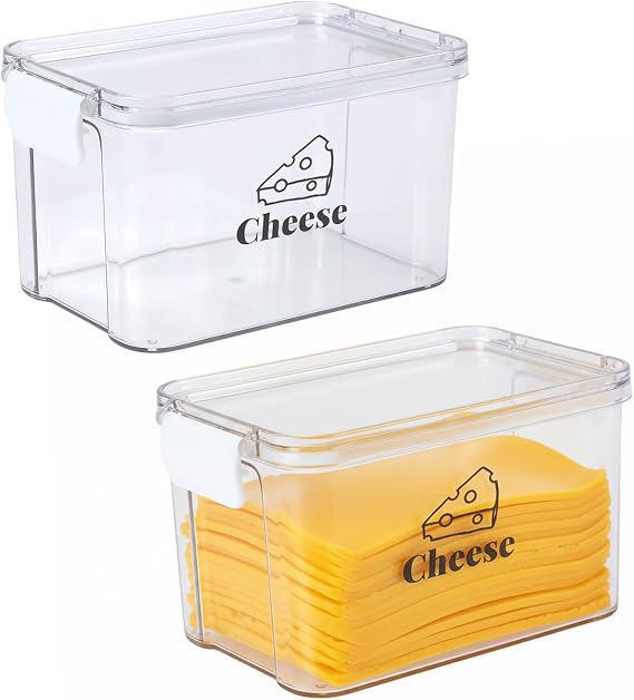 Gzsekken 2 Pack Cheese Storage Container,Airtight Fridge Organiser with Lid,Stackable & Mold-Resistant Food Containers for Meat & Cheese,BPA-Free Clear Plastic Bacon Keeper-16.8×10.5×9.5 cm