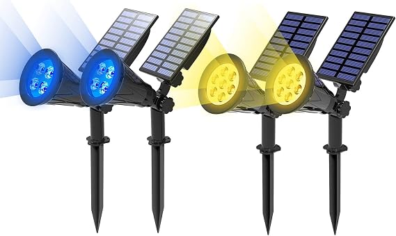 T-SUN Solar Spotlights Outdoor, Waterproof Auto Turn ON/Off Solar Lights Blue 2 Pack & Yellow 2 Pack